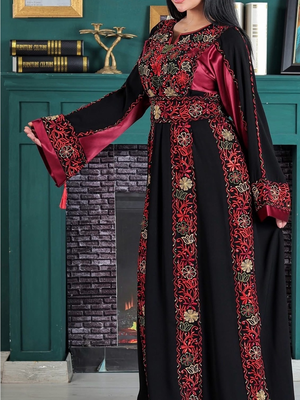 Black and Burgundy Embroidered Long Sleeve Maxi Dress